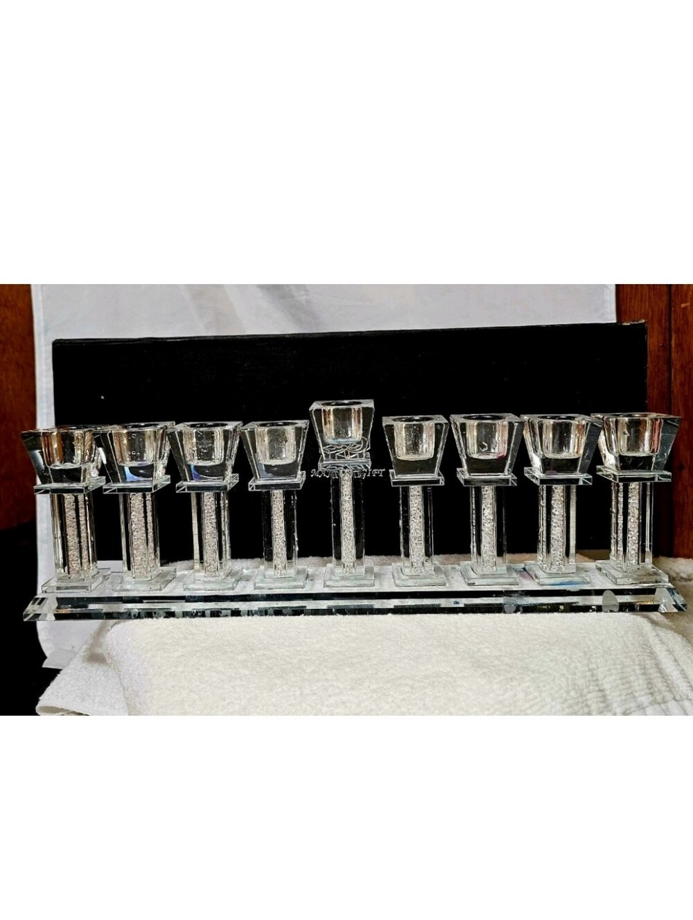 Modern Glass Menorah Hannukah Judaica w/ Crystal Filled majestic gift 13 3/4" W